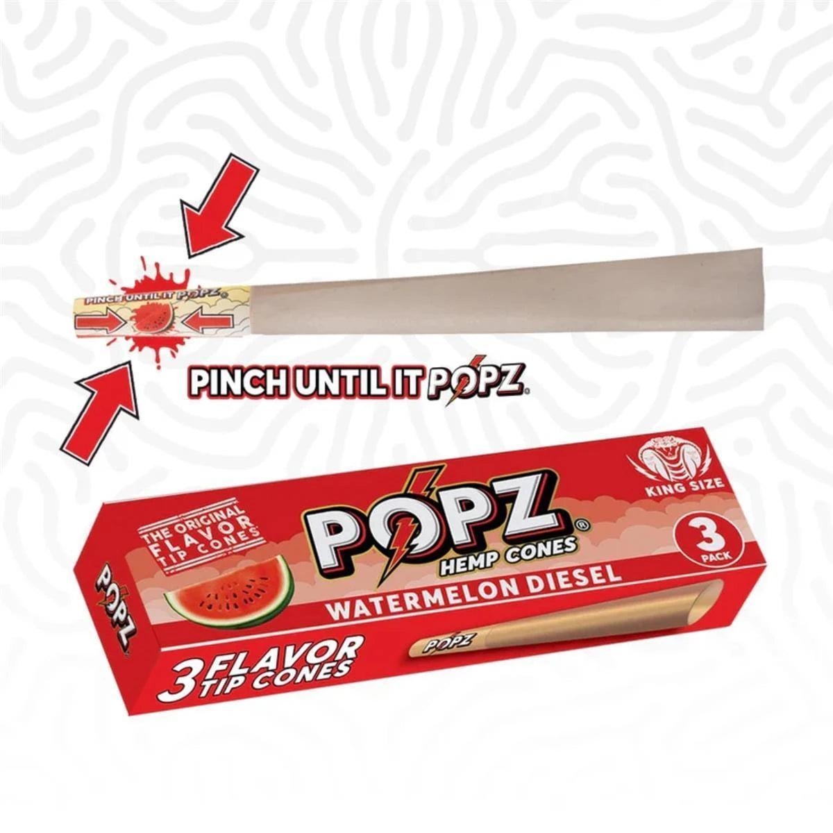 Popz Hemp Cones Watermelon Diesel King Size – rote Verpackung mit 3 Flavor Tip Cones und Wassermelonen-Illustration, darüber ein Cone mit Anleitung "Pinch Until It Popz" und roten Pfeilen die zeigen wo der Flavor Tip zusammengedrückt werden soll